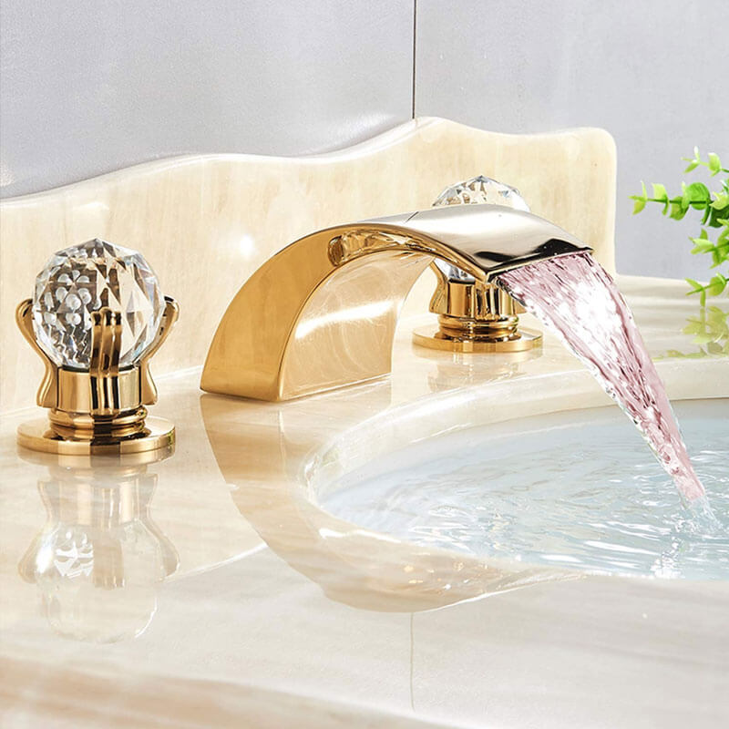 LED Waterfall Widespread Bathroom Sink Faucet Gold Finish With Light